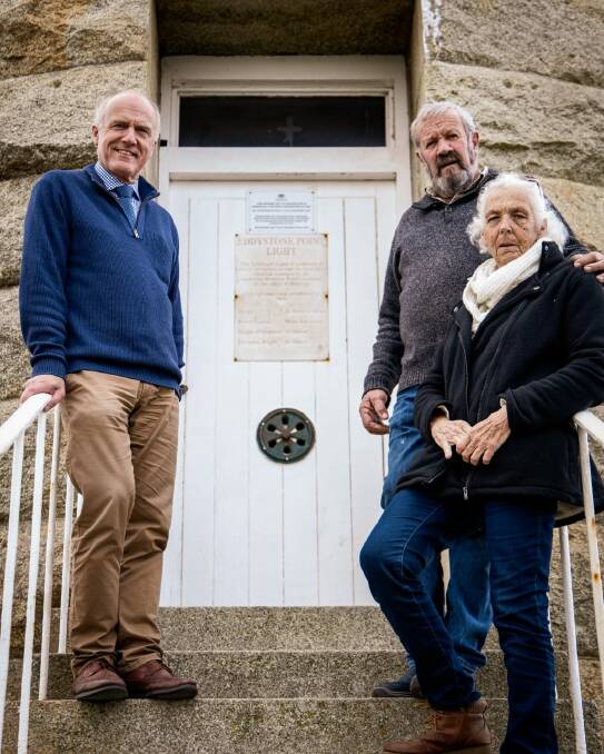 MUST SEE: Senator Abetz with the last lighthouse keepers John and Christine Denmen at the entry door.