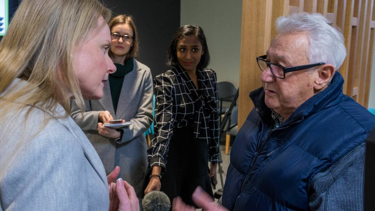 Health Minister Sarah Courtney talks to patient Malcolm Milner during a press conference this month at the Launceston General Hospital. Picture: Philip Biggs