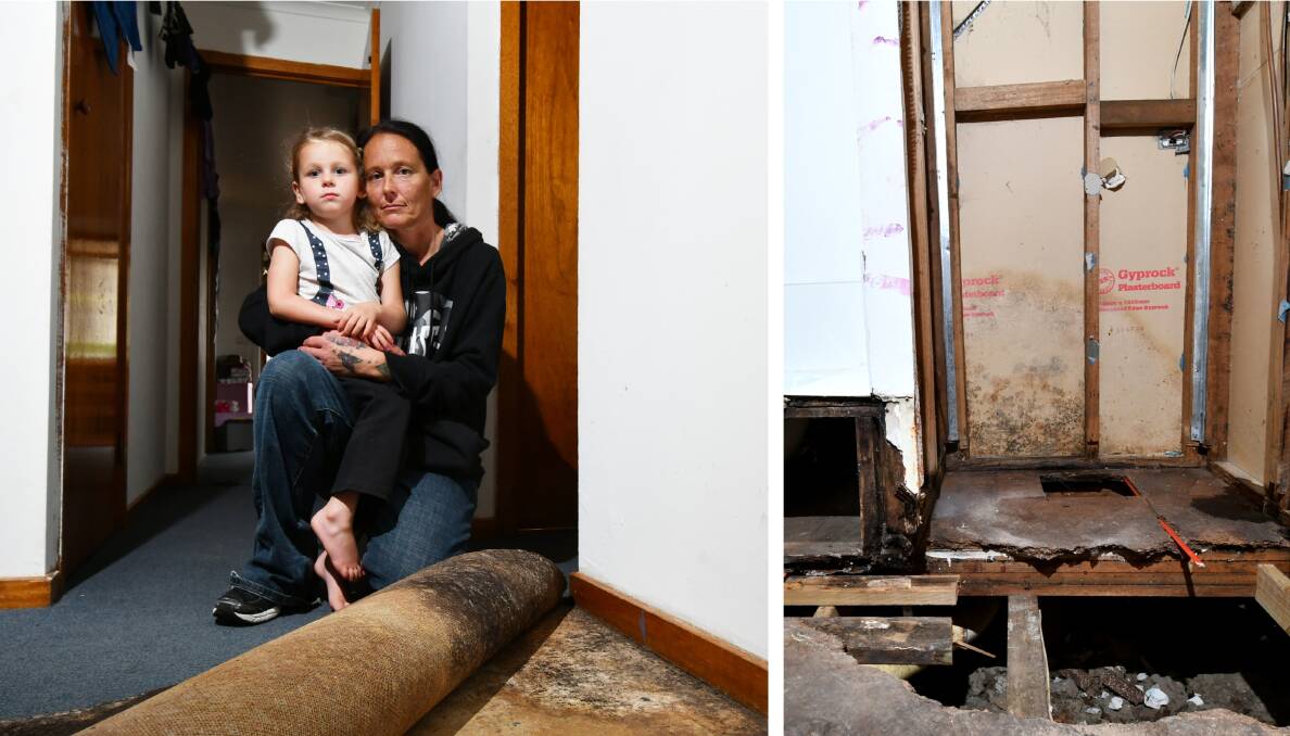 Housing Tasmania tenant Emma Randall and her family have been living in public housing in Devonport where black mould was found spreading throughout the bathroom, hallway and a child's bedroom. Pictures: Brodie Weeding