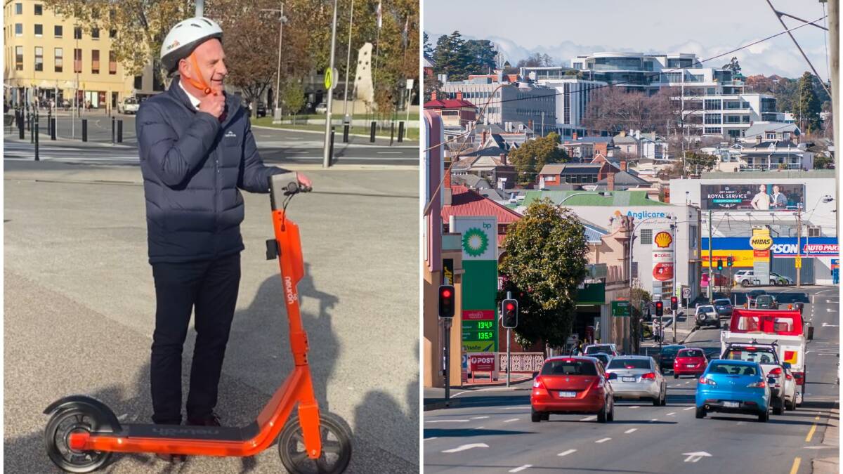 Premier Peter Gutwein with an e-scooter, and (right) traffic on Wellington Street can bank up at busy times.