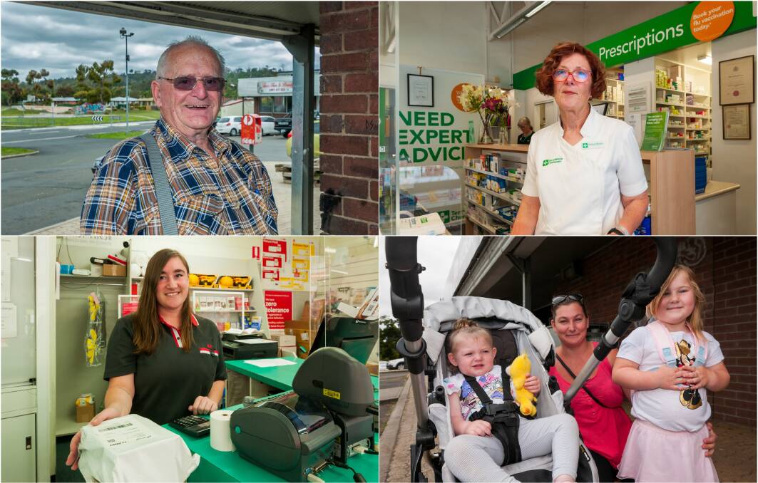 Ravenswood resident of 54 years Wayne Scott, pharmacist Dianne Brown, post office staff member Cody Richards and local mum Courtney McKercher with Ashlyn and Layla-Rose. Pictures: Phillip Biggs