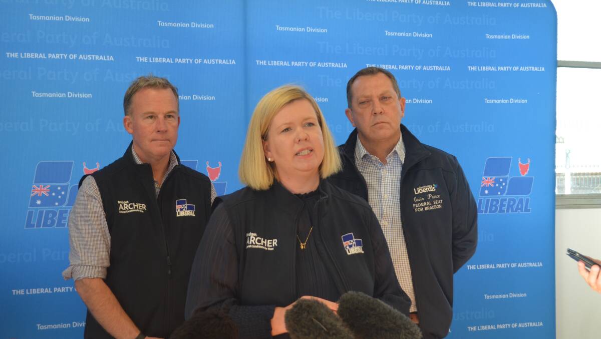 Bridget Archer was joined by Tasmanian Premier Will Hodgman and Braddon candidate Gavin Pearce on their final day of campaigning. Picture: Adam Holmes