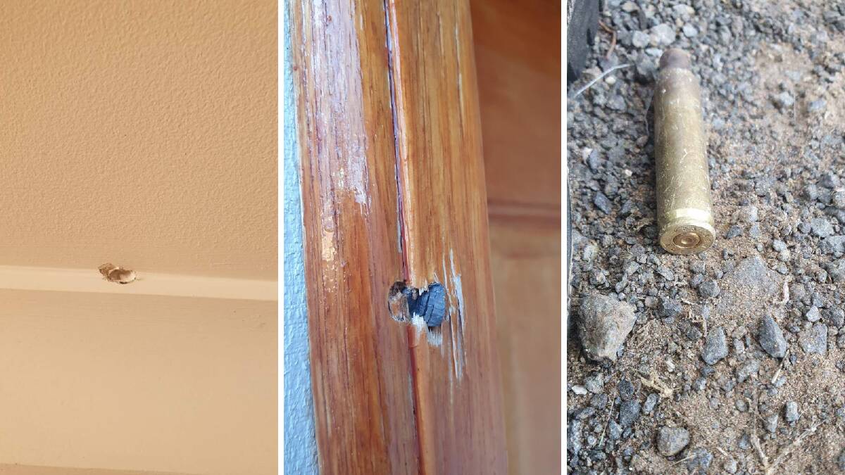 Damage to the inside of a Campbell Town family's house from separate gunshot incidents, and (right) a .223 calibre casing found on their driveway following the first incident. Pictures: supplied