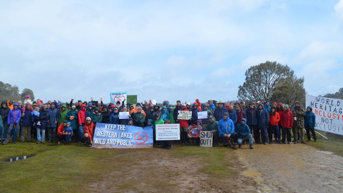 About 150 protesters gathered at trawtha makuminya at the end of Gowan Brae Road on Saturday before some walked to nearby Olive Lagoon, and a small group walked to Lake Malbena. Picture: Adam Holmes