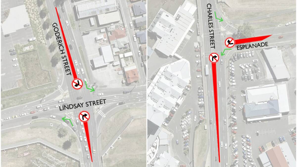 State Growth will remove the right-hand turns at these intersections in an effort to improve traffic flow through one of Launceston's busiest areas. Images: Department of State Growth