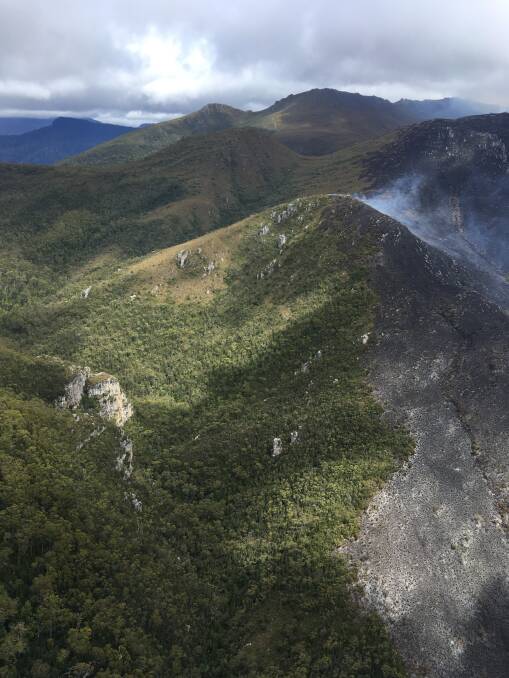 The bushfire has burnt over 20,500 hectares in the Franklin-Gordon Wild Rivers National Park and is threatening timber plantations. It has burnt since December 27 and spread on January 4. Image: NSW RFS