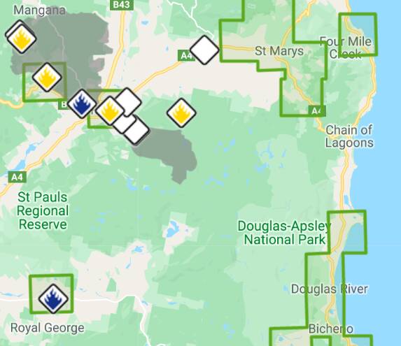 The fire ground as of 10.30am on Friday. The south-east fire (dark green patch) could continue to spread on Saturday with hot north-westerly winds. Image: TFS