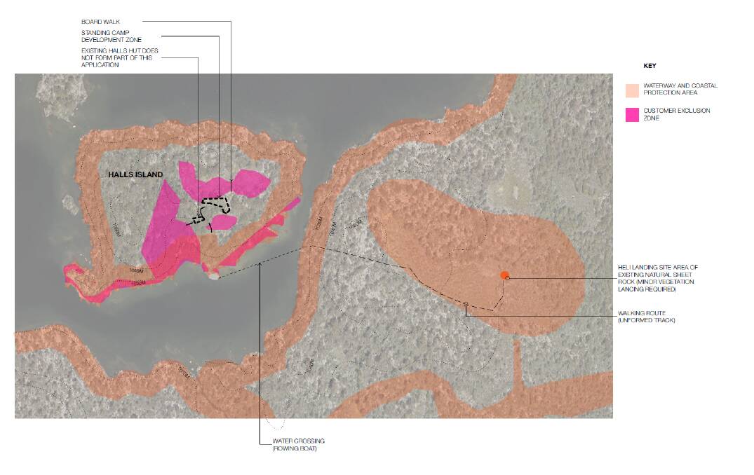 An overview of the Halls Island area, including coastal protection area (orange) and customer exclusion zone (pink).