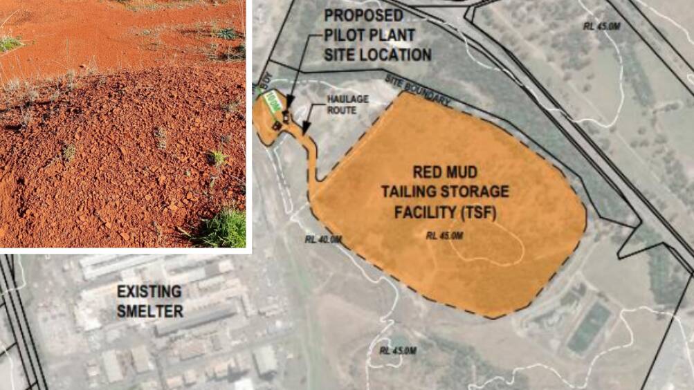 The proposed location of the processing facility at Bell Bay, and (inset) the red mud tailings dam that has sat dormant for half a century.