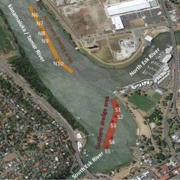 The locations of sedimentation testing carried out on behalf of the City of Launceston. These were considered likely dredging channels. Image: Marine Solutions Tasmania