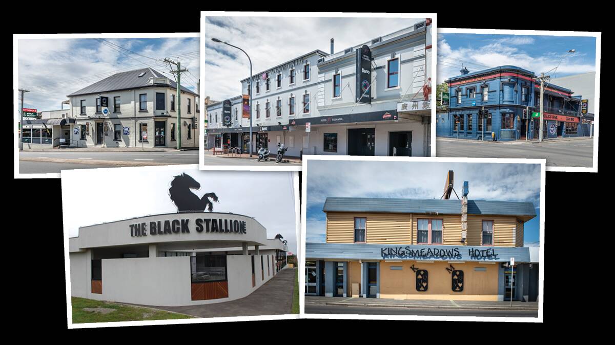 (top) the All Year Round Tavern, Hotel Tasmania, Commercial Hotel and (bottom) the Black Stallion Hotel and Kings Meadows Hotel. Pictures: Craig George