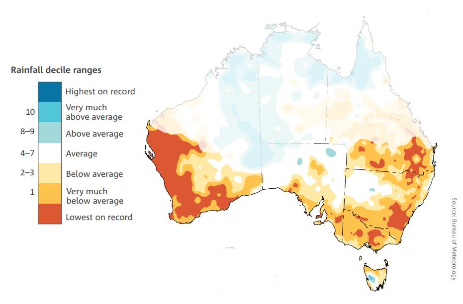 April to October rainfall from 1999 to 2018, focusing on southern Australia.