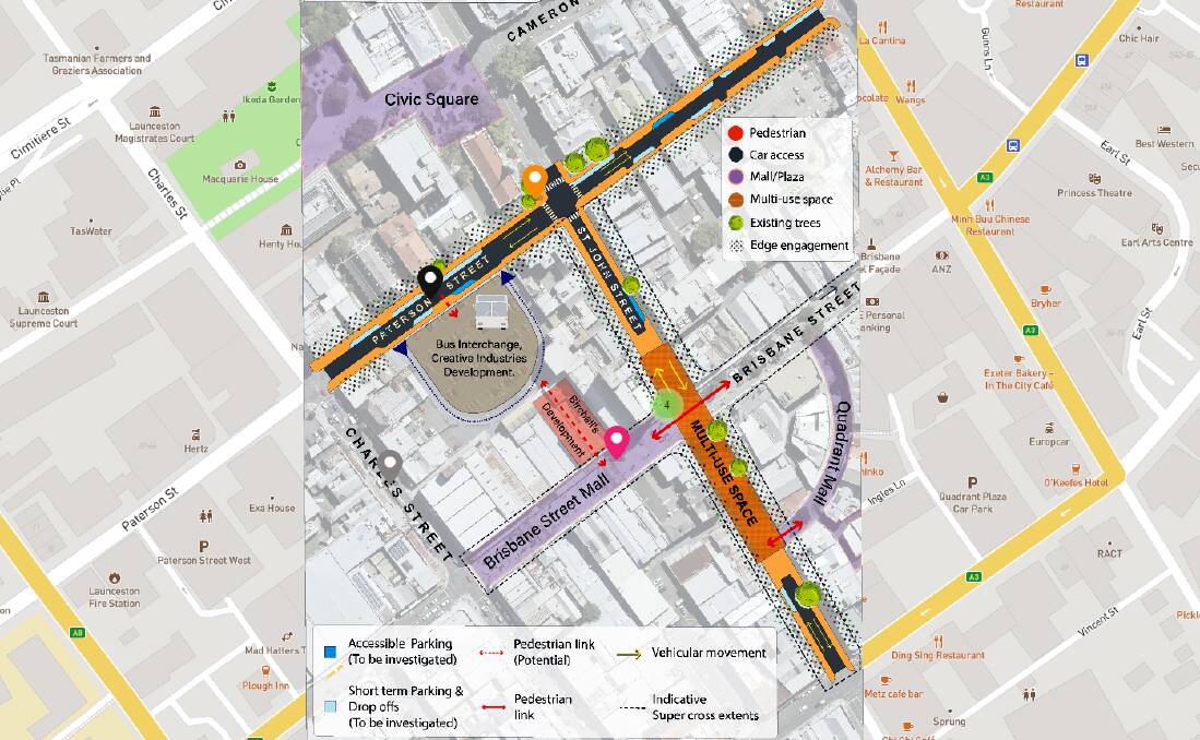 The early concept design includes a two-way Paterson Street between Charles and St John streets, and creating a "multi use" area on St John Street. Image: City of Launceston