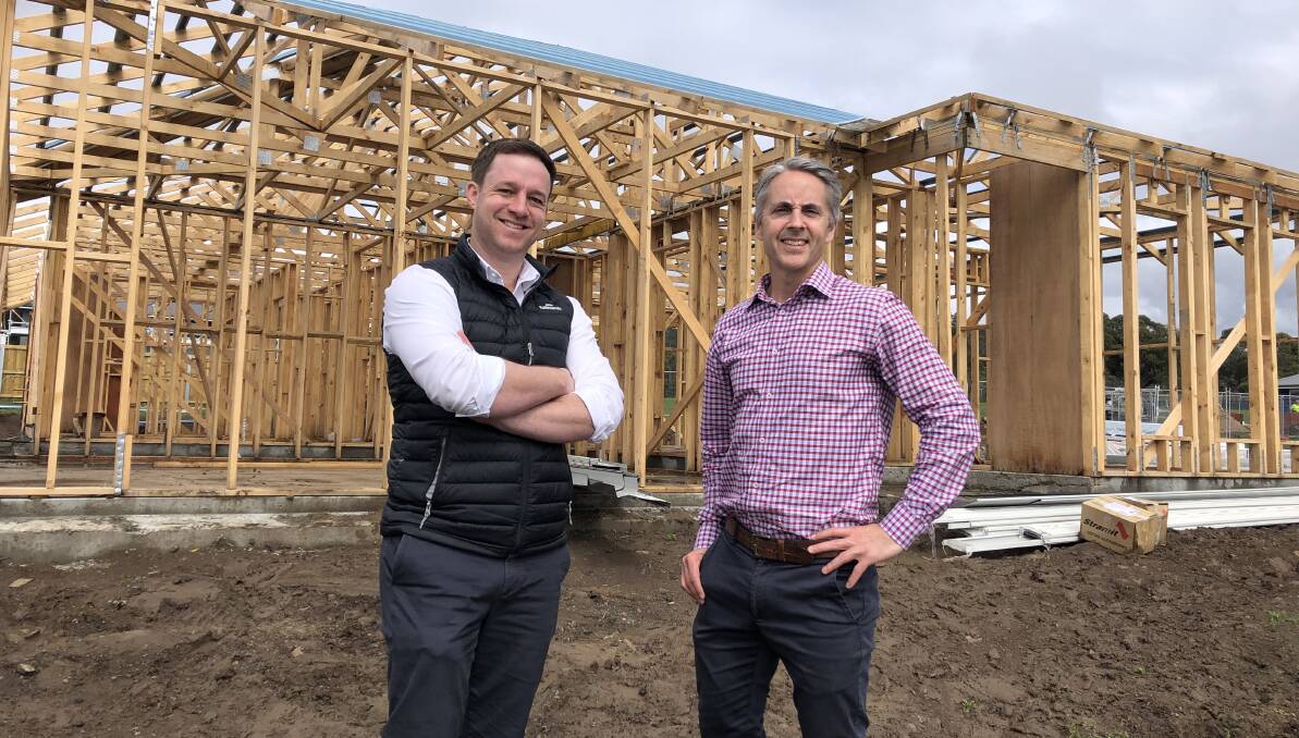 Master Builders Tasmania CEO Matthew Pollock with Tasmanian Forest Products Association CEO Nick Steel at a housing construction project in Kingston. Picture: supplied