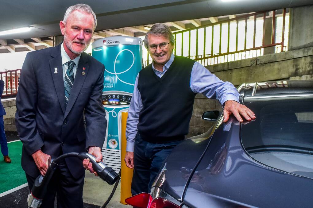 Tasmania's first electric car fast charger was installed in the Paterson East car park in October. Picture: Neil Richardson