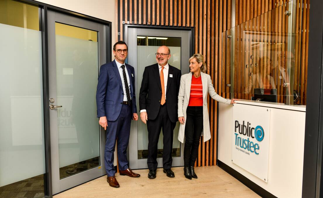 Public Trustee CEO David Benbow with chairperson Mark Scanlon and Attorney-General Elise Archer in the office on George Street. Picture: Scott Gelston