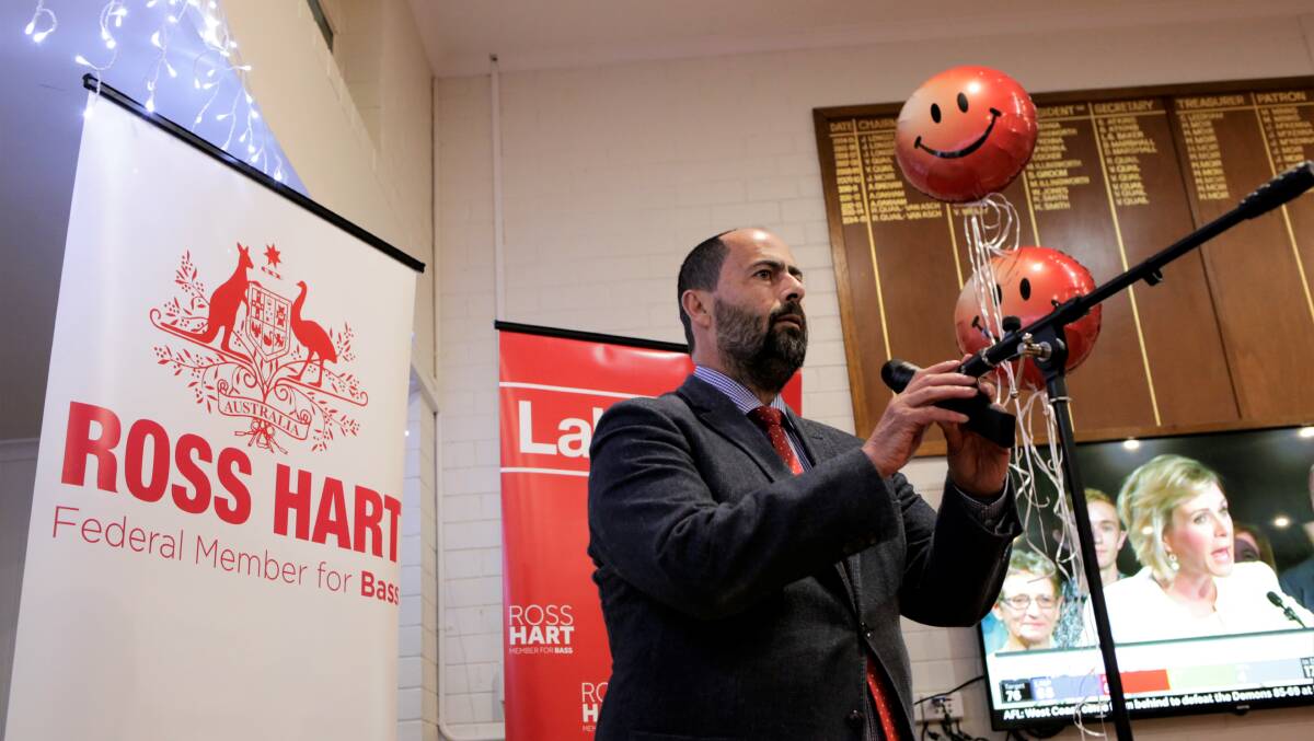 An emotional Ross Hart slammed the Liberal Party campaign as he conceded defeat in Bass last night. Picture: Matt Dennien