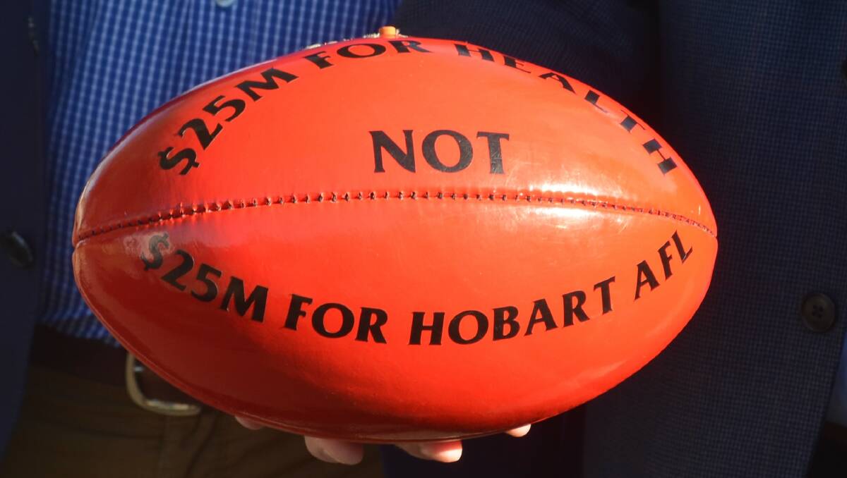 The football produced by the Liberal Party as part of their pitch to Tasmanian voters, criticising Labor's funding promise for AFL in Tasmania. Picture: Adam Holmes