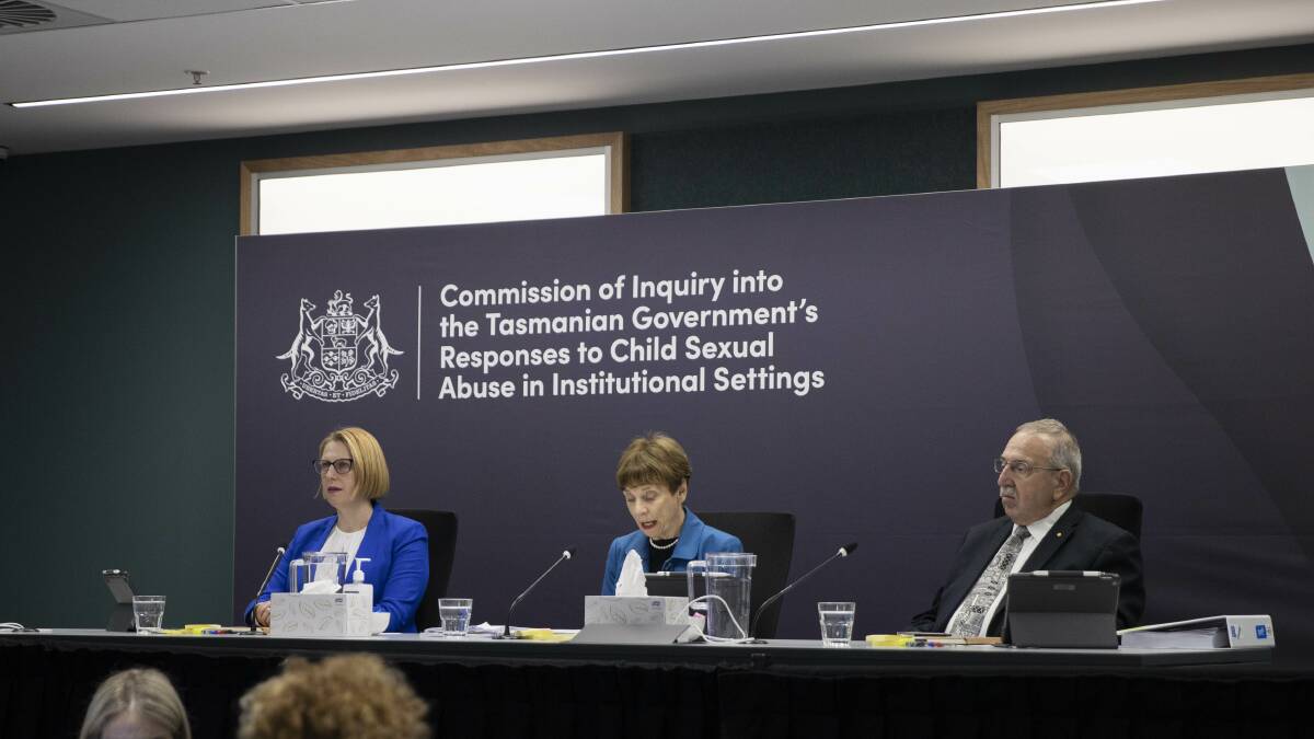 Commissioner Professor Leah Bromfield, president and Commissioner Marcia Neave AO and Commissioner Robert Benjamin AM on the first day of the Tasmanian child abuse inquiry in Hobart. Picture: Maren Preuss