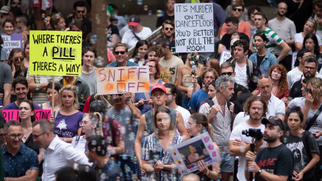 Protesters rally in Sydney this weekend in favour of pill testing trials. Picture: Christopher Pearce