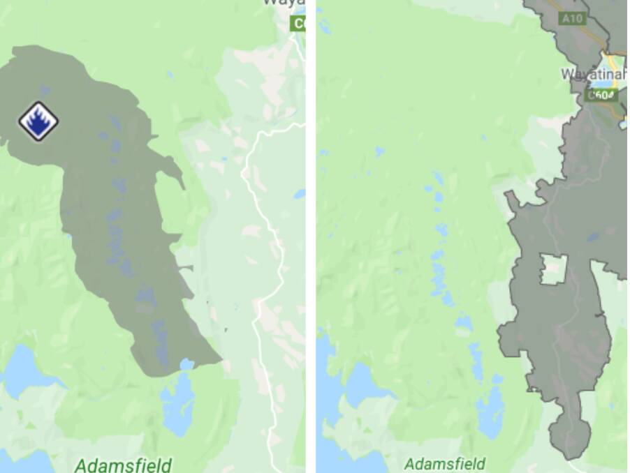 The fire ground (left) compared to the site of Sustainable Timber Tasmania plantations (right).