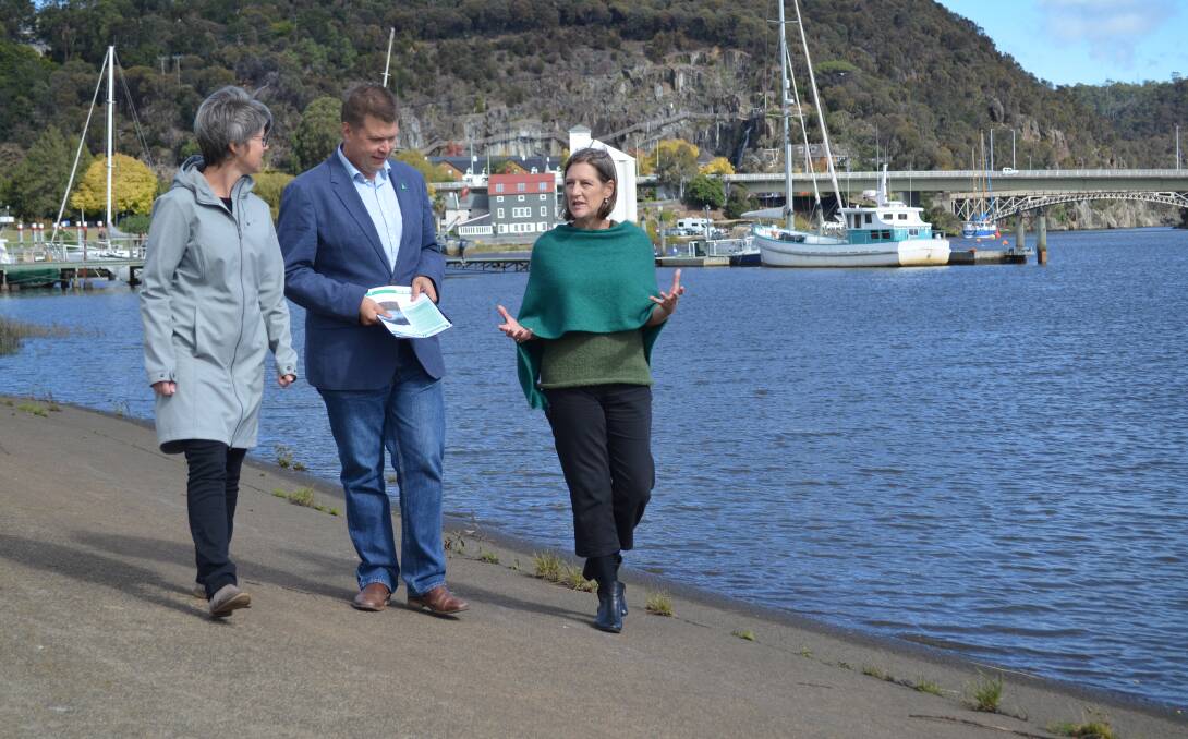 Tasmanian Greens candidates for Bass Cecily Rosol and Jack Davenport with party leader Cassy O'Connor at the Tamar on Sunday. Picture: Adam Holmes