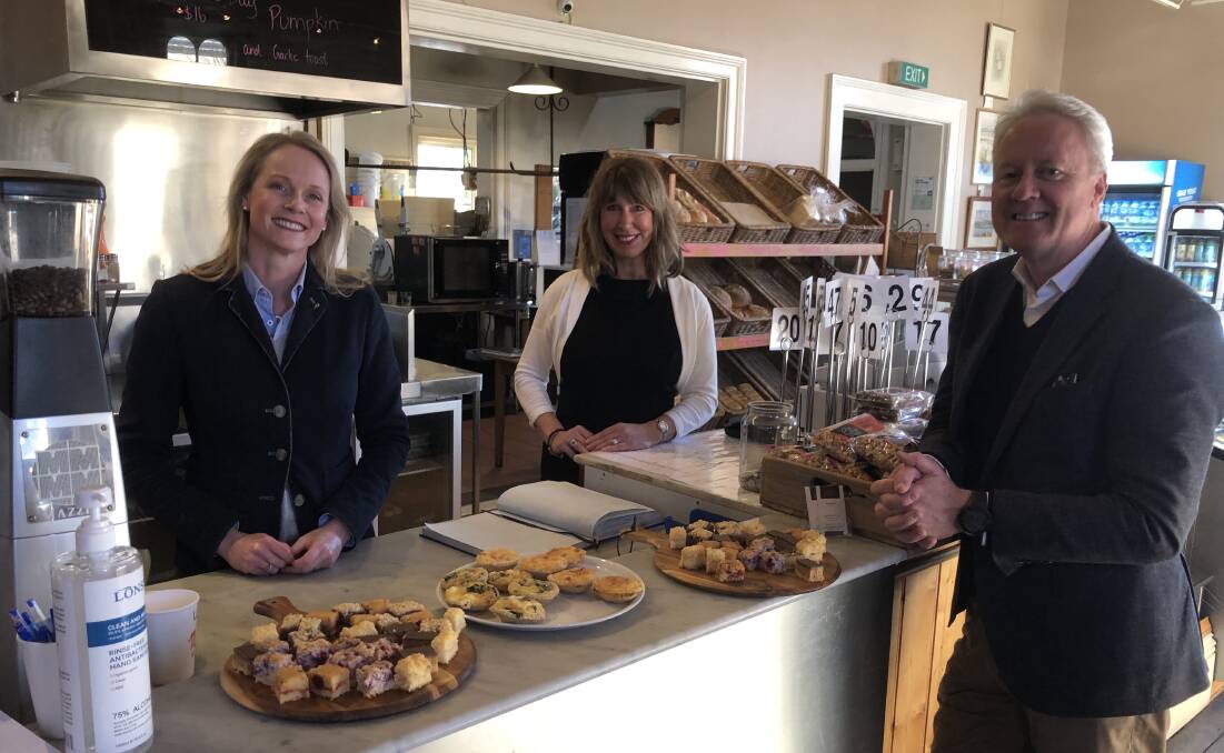Small Business Minister Sarah Courtney with Ingleside Bakery, in Evandale, owner Jane Shaw and Tourism Tasmania CEO John Fitzgerald at the launch of the Welcome Back campaign. Picture: supplied
