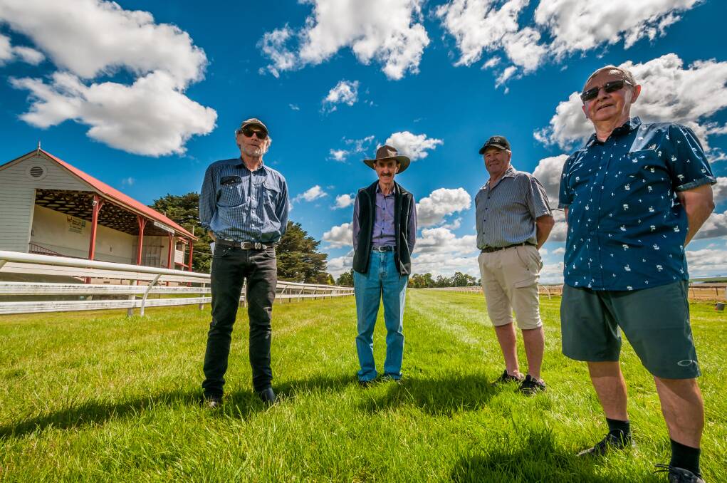 Longford vet Michael Morris, local history committee chair Neil Tubb, horse racing supporter Steve Dodd and retired jockey Max Baker at the racecourse. Picture: Phillip Biggs