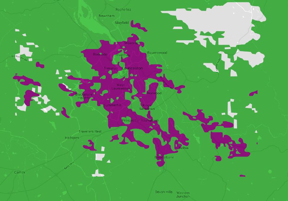 The network coverage in Launceston, coloured purple. It stretches from Relbia to Mowbray, and St Leonards to Blackstone Heights.