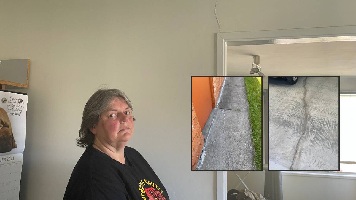 Gagebrook resident Bev Bilac with internal cracks forming in her house, which appeared during construction work on a neighbouring property, and (inset) cracks to concrete surrounding the house and in a shed. Pictures: Adam Holmes