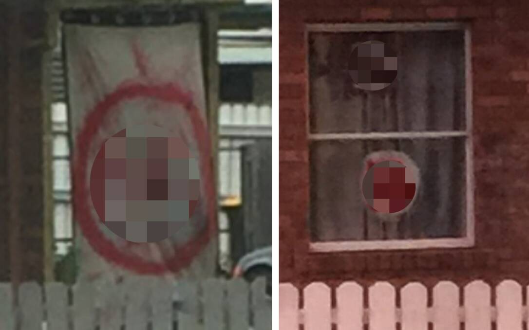 The banners hanging from the house in Scone Street, Perth, this week. The Examiner has chosen to pixelate the images in order to reduce distress for members of the community. Pictures: supplied