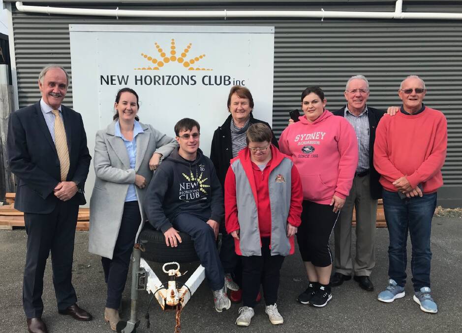 New Horizons patron Jim Wilkinson, chief executive officer Belinda Kitto, athletes Matt Bowen and Linda Cox, founder Robyn Hanson, athlete Melissa Phillips, MLC Kerry Finch and volunteer Brian Abey. Picture: supplied