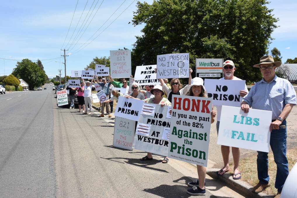 Westbury residents protest against the prison plans, before Premier Peter Gutwein visited, and later moved the location further out of town onto a bush block. Picture: Adam Holmes