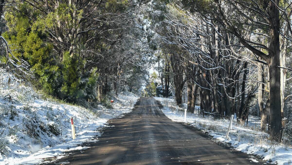 Snow on roadsides near Evandale on Tuesday morning. Picture: Neil Richardson