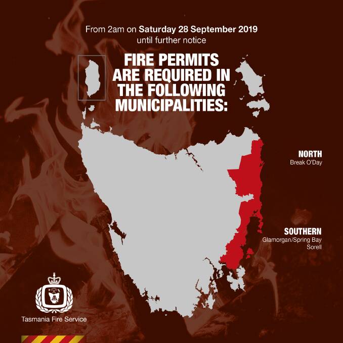The three East Coast council areas where the fire permit period will begin from September 28. Image: TFS