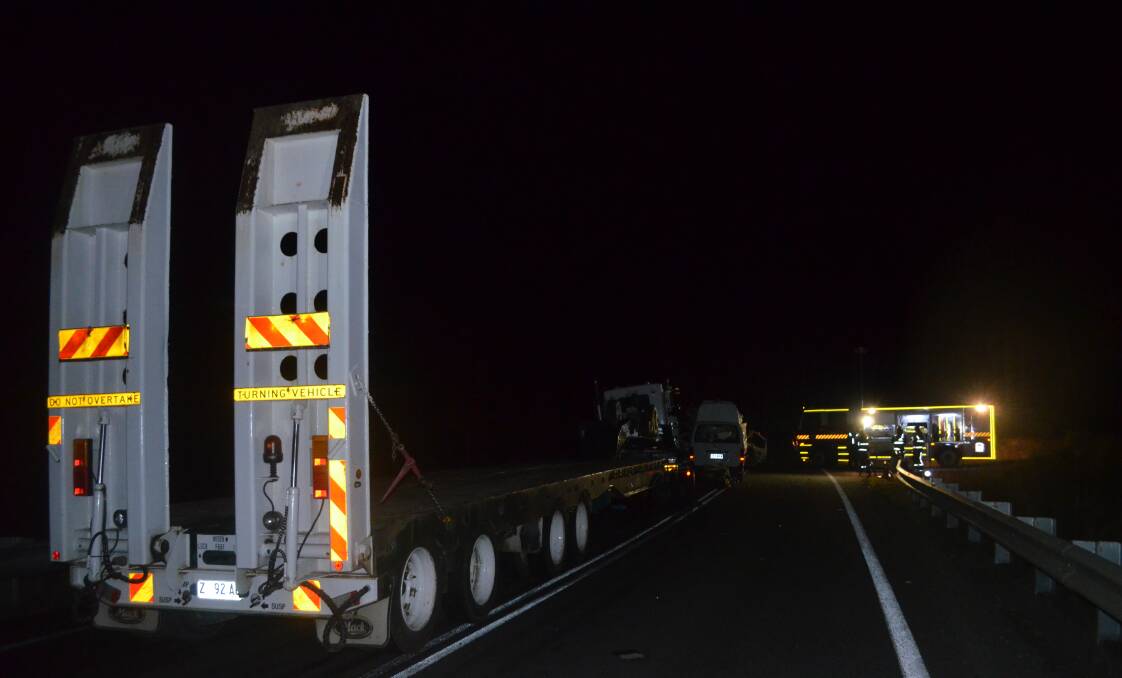 A van heading west on the Tasman Highway collided head-on with an oncoming truck. Picture: Adam Holmes