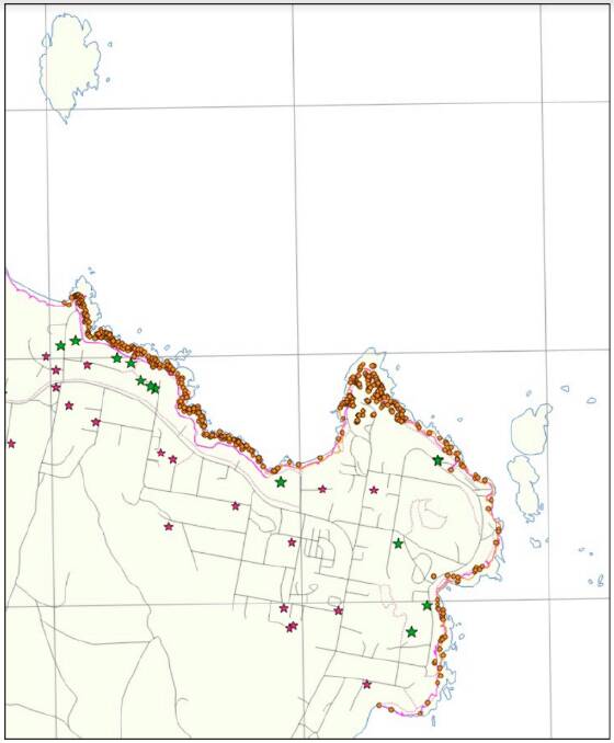 A survey by BirdLife Tasmania from 2013 to 2017 attempted to track penguin numbers in Bicheno, with penguin activity represented by an orange symbol.