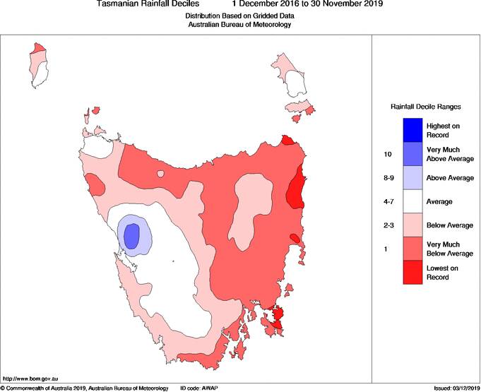 Rainfall deciles in Tasmania for the past 36 months, including areas of the East Coast recording their lowest periods on record. Image: BOM