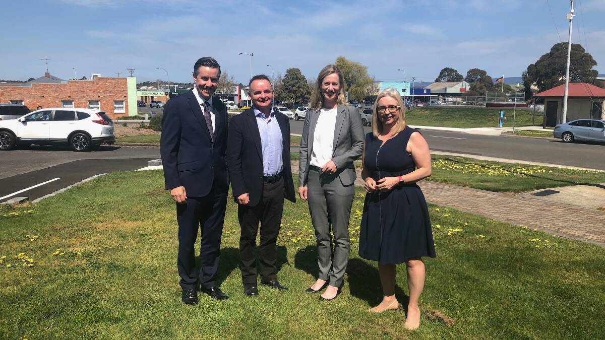 Labor energy spokesperson Mark Butler with Tasmanian MPs David O'Byrne, Rebecca White and Michelle O'Byrne in Bell Bay on Wednesday.