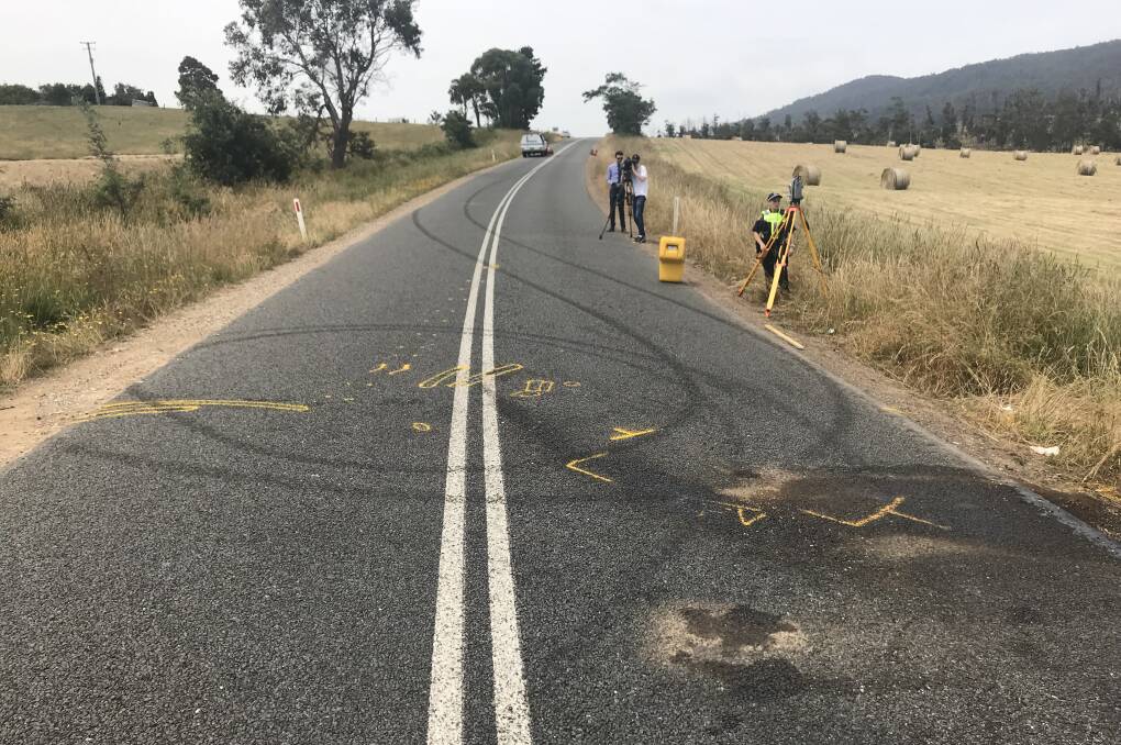 Burnout marks on Pipers River Road, on top of crash scene markers. Picture: Tasmania Police