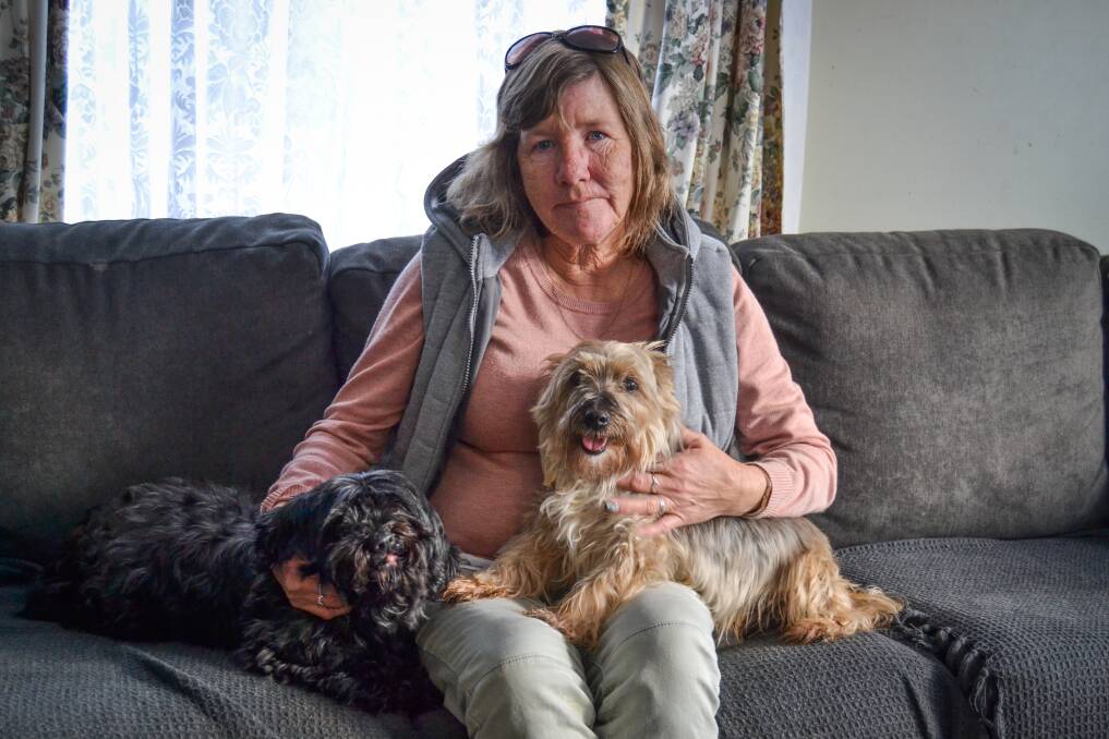 Leanne Bailey, with her dogs Bonnie and Harry, in the lounge room of her daughter's house where she now sleeps after her CHL home in Ferntree Court, Rocherlea, was destroyed by fire last month. Picture: Adam Holmes