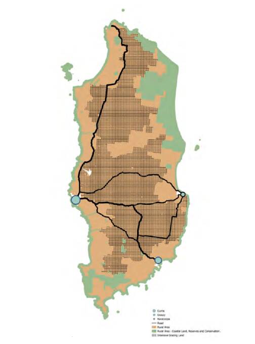 The checkered area shows intensive grazing land, the green is land for reserves and conservation. Image: King Island Council