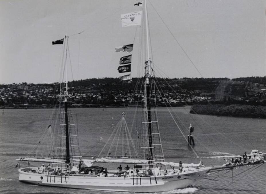 Defender sails the Tamar River in 1988.