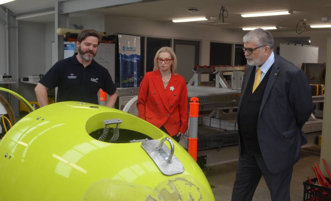 Labor senators Helen Polley and Kim Carr take a look at the autonomous underwater vehicle at the Australian Maritime College. Picture: Adam Holmes