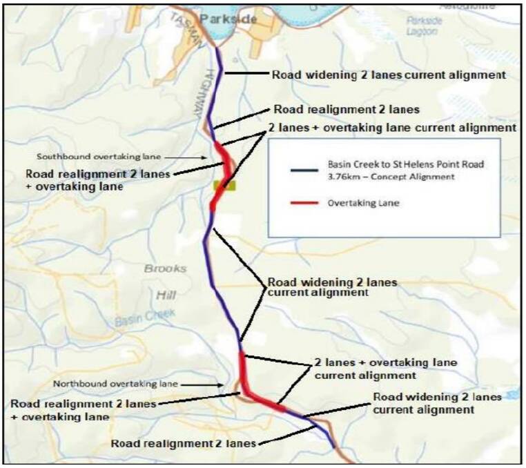 The proposed works on the Tasman Highway south of St Helens. Image: Break O'Day Council
