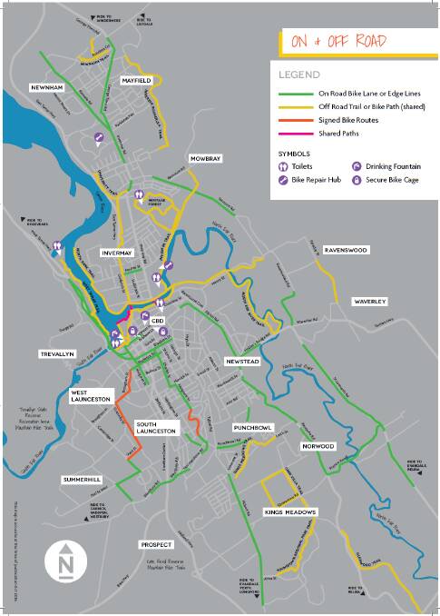 Launceston's cycling trails, including the gap where the Mowbray Racecourse intersects the Rocherlea-Inveresk trail. Image: TBUG/City of Launceston