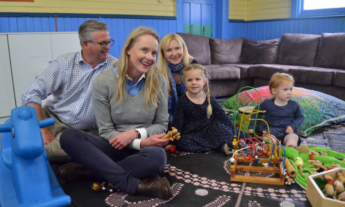 Health Minister Sarah Courtney with Liberal candidates and children Lulu and Quinley at Playgroup Tasmania in Invermay. Picture: Adam Holmes