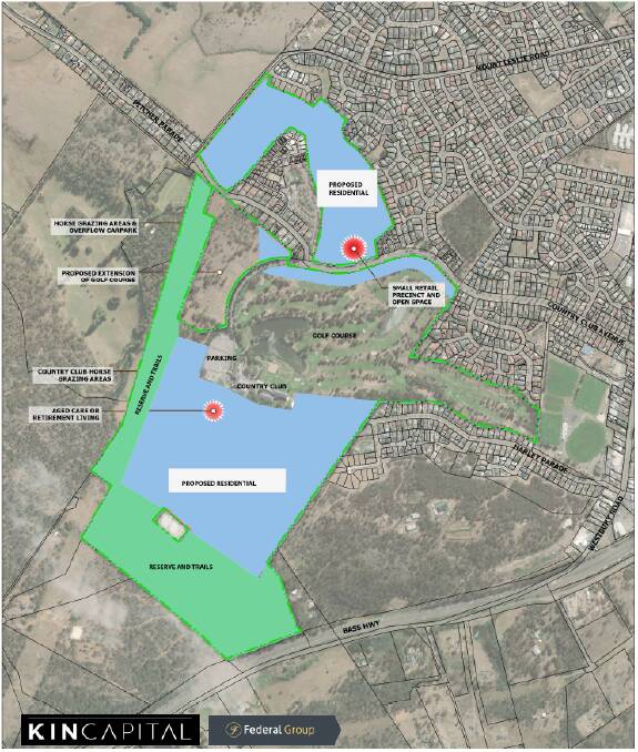 An early indicative design of the upgrade. The blue areas indicate residential development, the green is parks and trails, and the golf course will expand to the west. Image: Federal Group