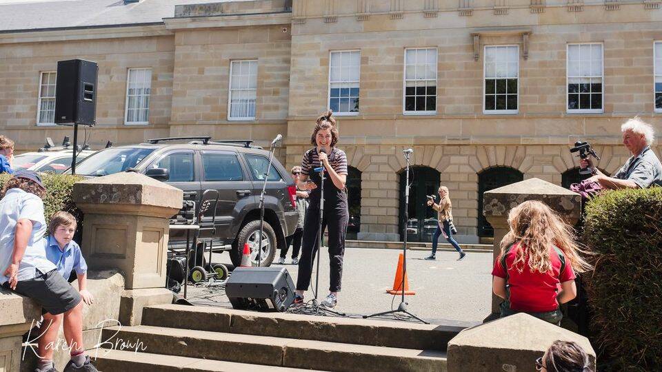 Zowie Douglas-Kinghorn speaks at a school climate rally in Hobart. Picture: supplied