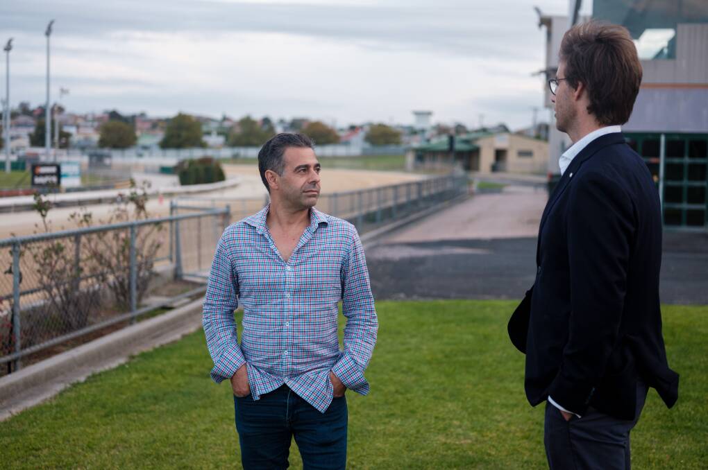 Devonport Showground buyers Ian Ugarte and Simon Want at the site in 2019. A new race track near Latrobe would replace the Devonport track. 
